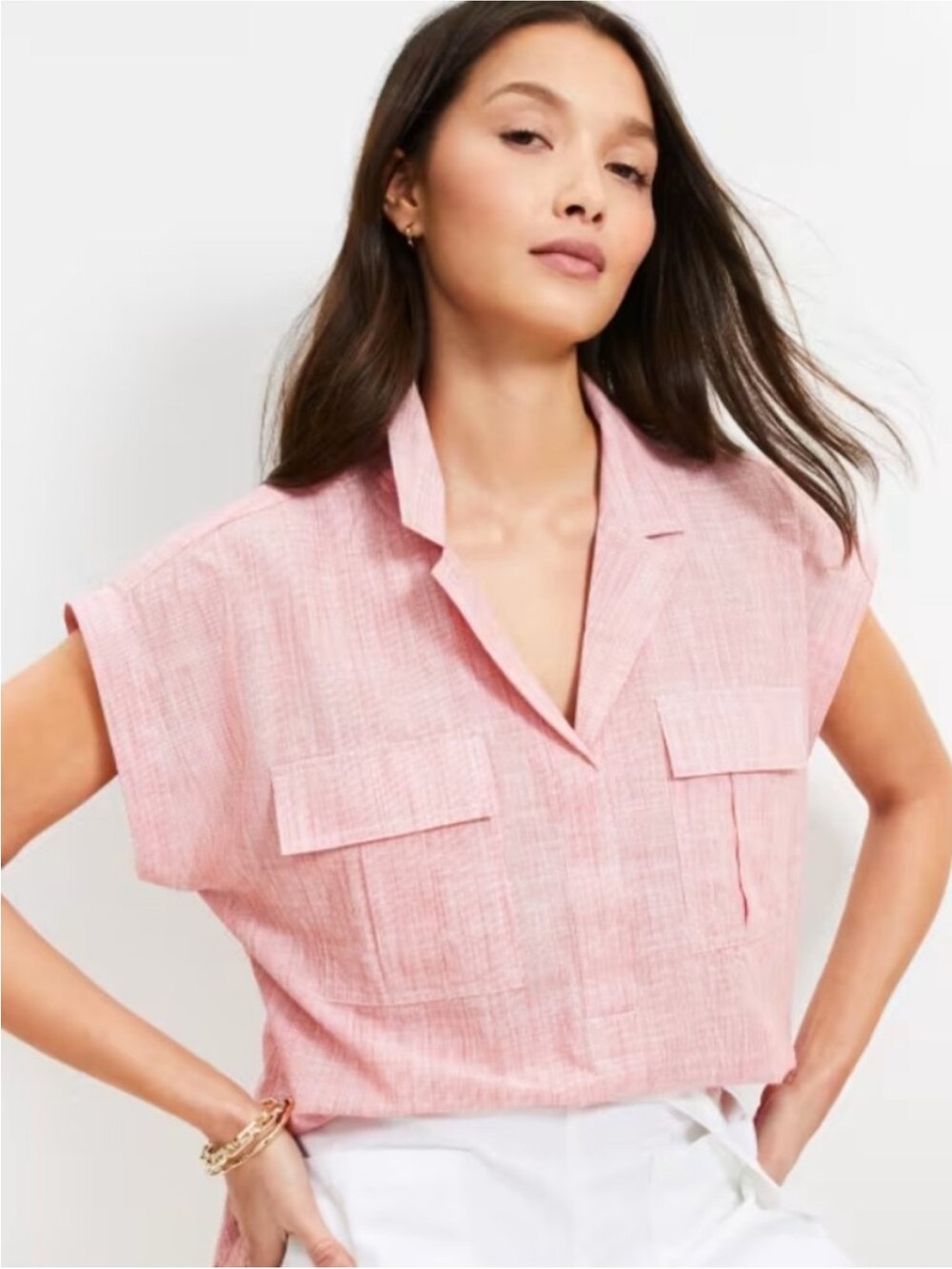 LOFT Red and White Striped Short-Sleeve Collared Utility Blouse (100% Cotton)
